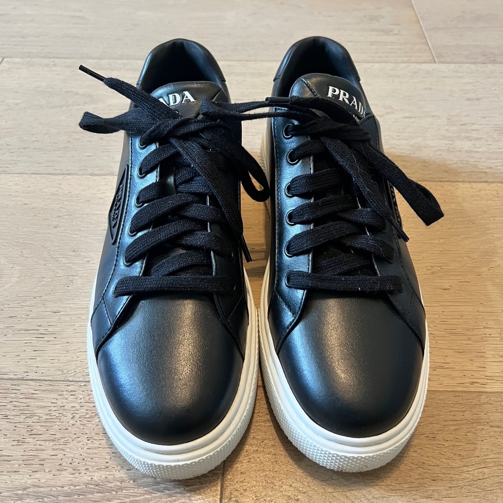 Prada Black Leather Low-Top Sneakers with White Soles